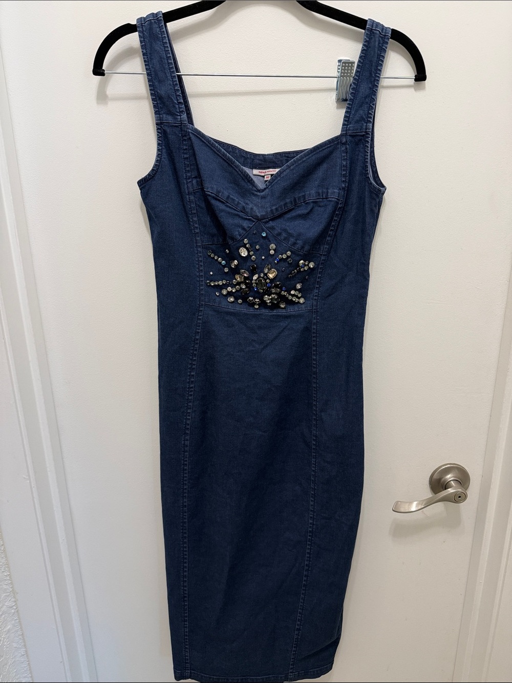 Miss Sixty Y2K denim bodycon dress with jeweled embellishment